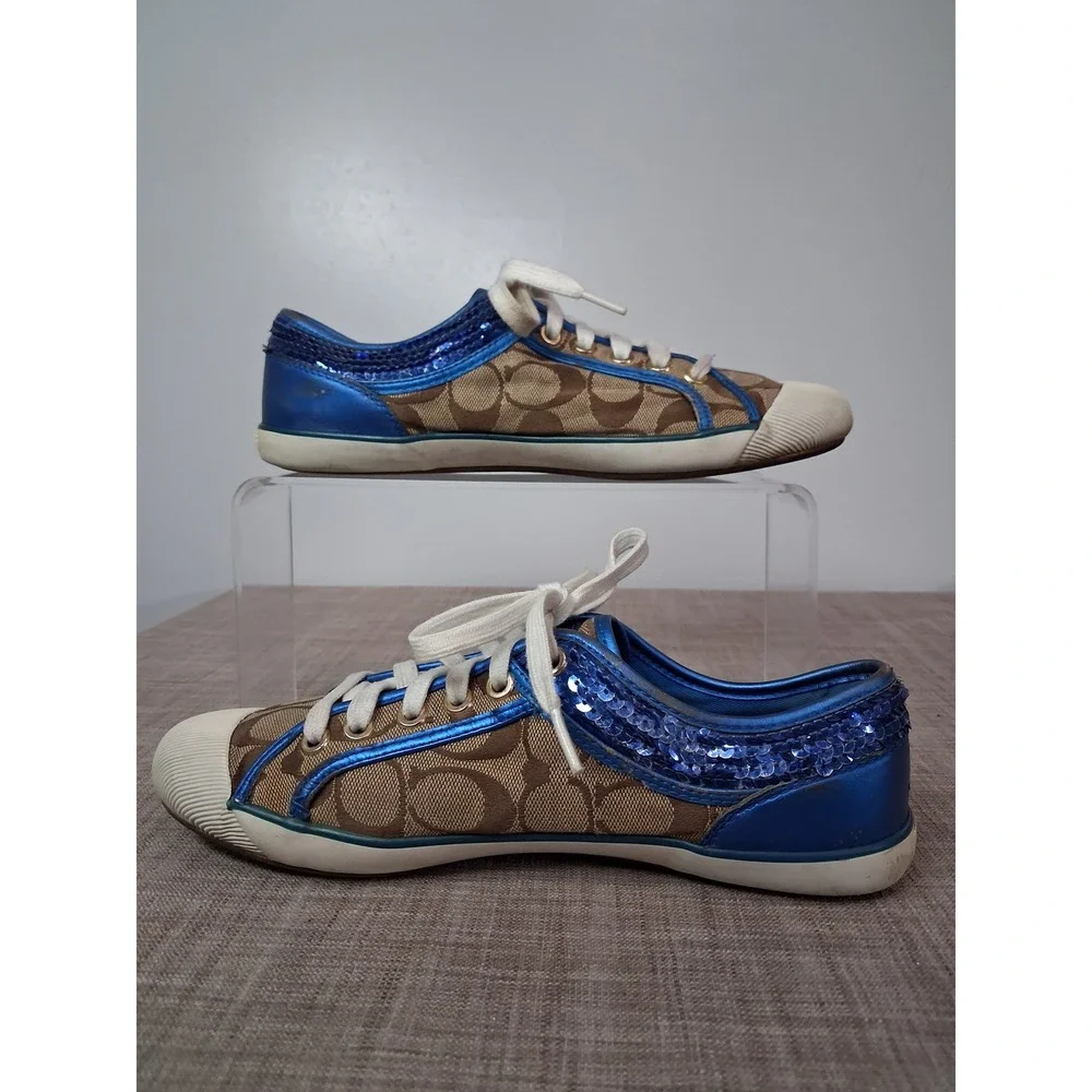 Coach Zorra Signature Monogram Metallic Blue Sequin Sneakers A1412 Womens 8.5B